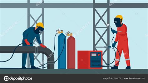 Professional Welders Work Welding Pipe Steel Frame Stock Vector By