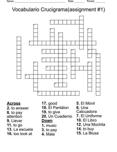 Vocabulario Crucigrama Assignment 1 Crossword WordMint