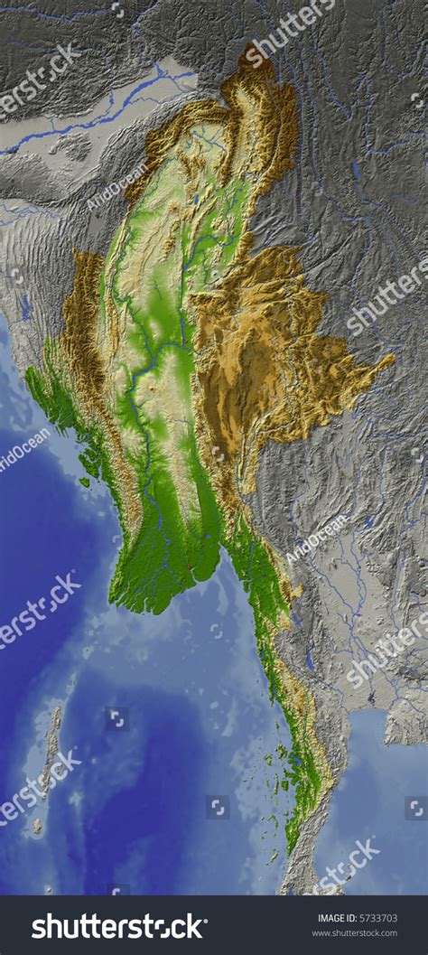 Relief Map Of Myanmar (Burma). Shows Major Cities And Rivers ...