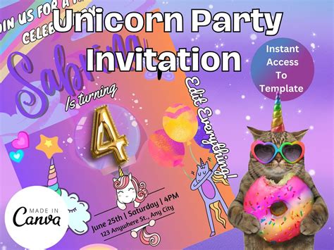 Editable Cute Unicorn Invitation Unicorn Birthday Invitation Etsy