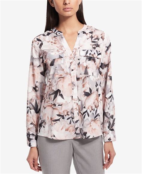 Calvin Klein Printed Roll Sleeve Button Front Blouse Macys