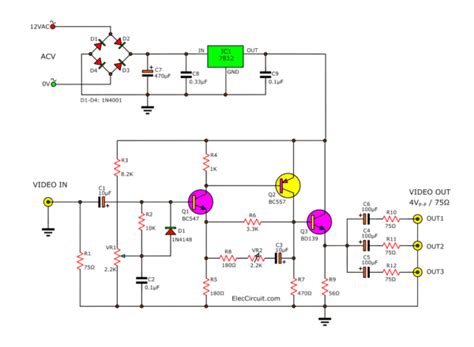 Video Amplifier Splitter Circuit Using Transistor Eleccircuit