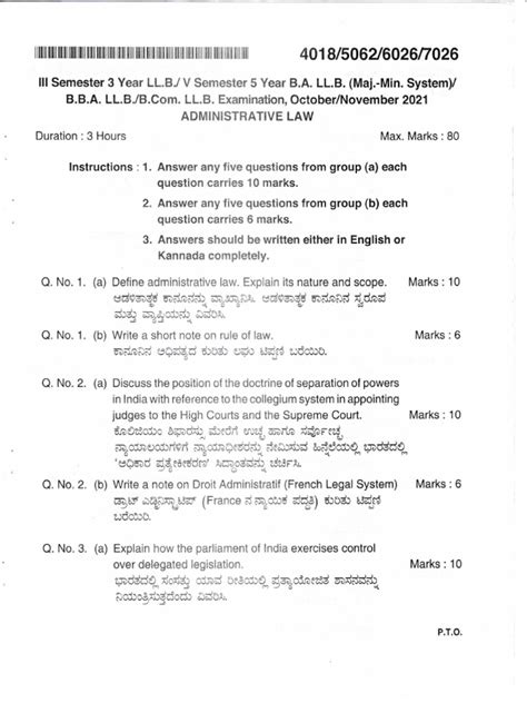 Kslu 3 Year Llb Administative Law Octnov 2021 Question Paper Pdf