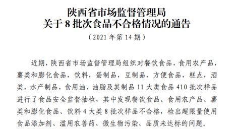 陕西省市场监督管理局关于8批次食品不合格情况的通告（2021年第14期 中国质量新闻网