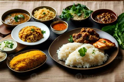 a variety of indian food is arranged on a table. AI-Generated 30138134 ...