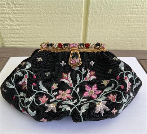 French 50s Vintage Embroidered Beaded Black And Pink Evening Bag