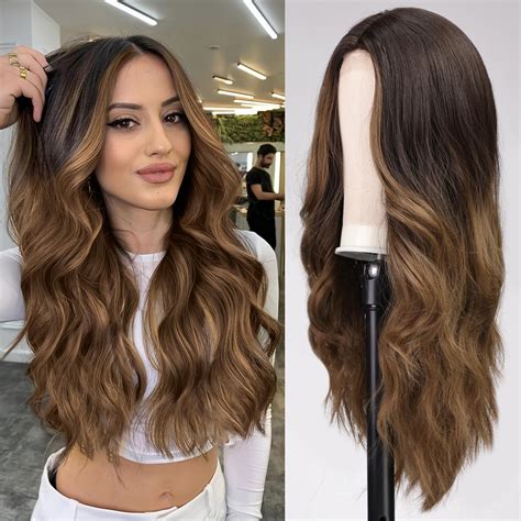 Emmor Long Ombre Brown Wavy Wig For Women Lace Front Wigs Natural Looking 26 Inch