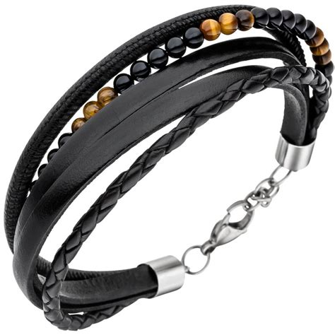 Jobo Armband Leder Schwarz Mit Onyx Und Tigeraugen Kugeln Cm