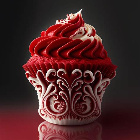 Um cupcake vermelho uma cobertura branca e um desenho de coração