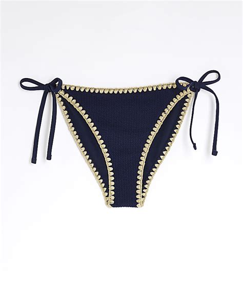 Navy Textured Low Rise Bikini Bottoms River Island