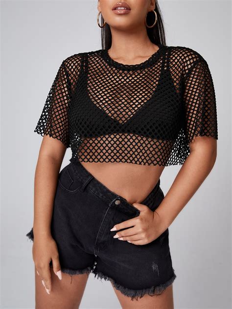 Plus Fishnet Mesh Crop Top Without Bra Plus Size Women S Tops Black