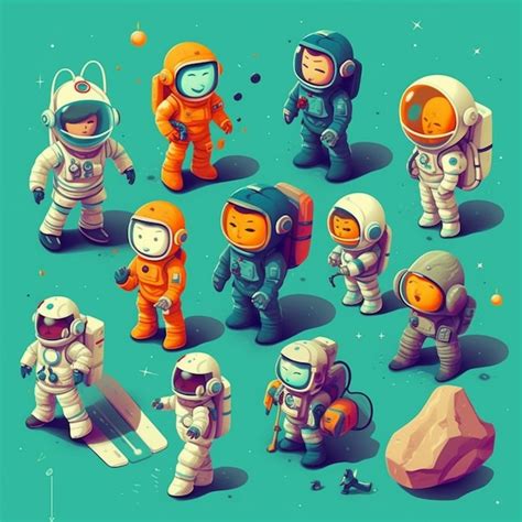 Um Grupo De Astronautas De Desenho Animado Em Trajes Espaciais E