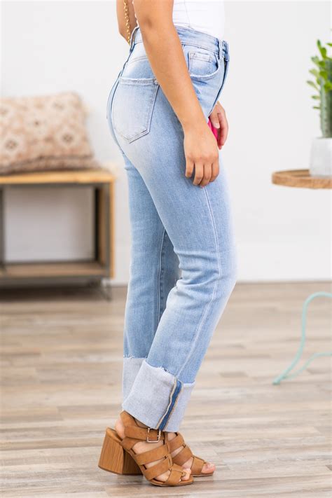 Risen Light Wash Cuffed Straight Leg Jeans · Filly Flair