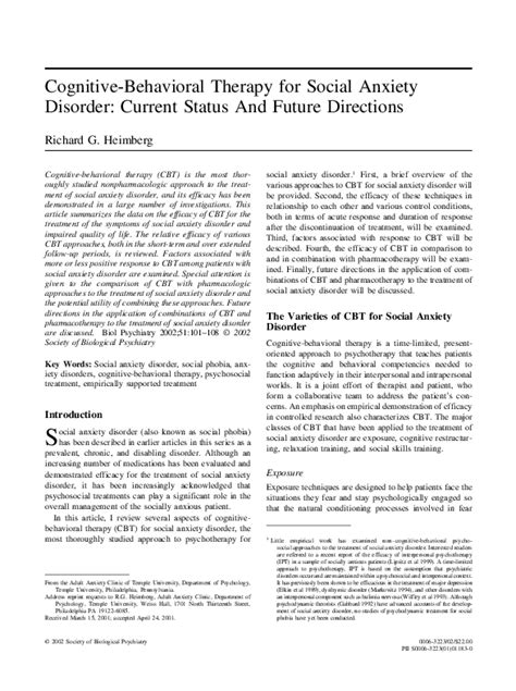 Cognitive Behavioral Therapy For Social Anxiety Disorder Current Status And Future Directions