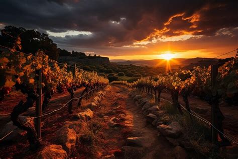 Premium Ai Image Picturesque Vineyard At Sunset Rows Of Grapevines In