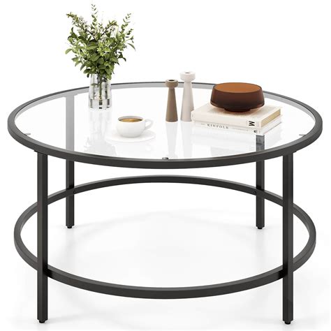 Costway 36 Round Coffee Table Tempered Glass Tabletop Metal Frame Living Room Black