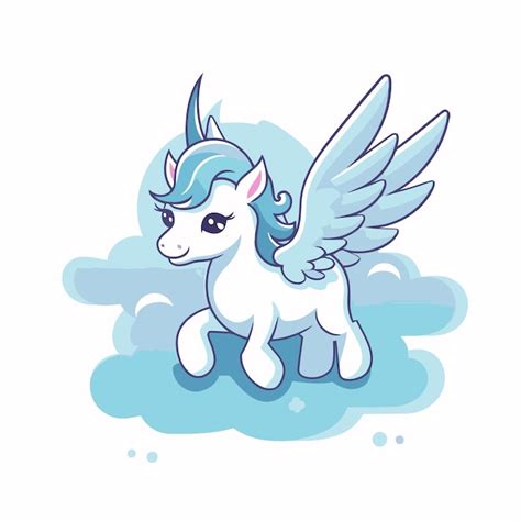 Lindo Unicornio De Dibujos Animados Con Alas Volando En Las Nubes