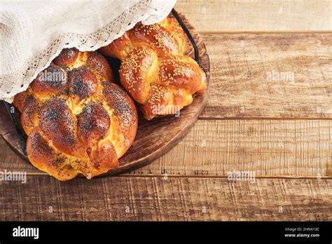 Shabbat Shalom Bread Challah With Sesame Seeds And Poppy Seeds On