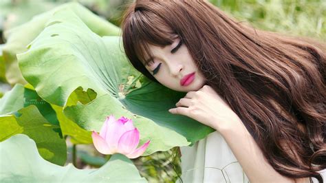 Wallpaper Asian Long Hair Makeup Flowers Women Plants Green