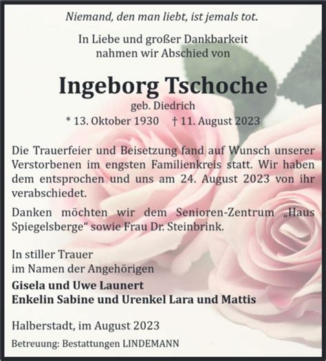 Traueranzeigen Von Ingeborg Tschoche Abschied Nehmen De