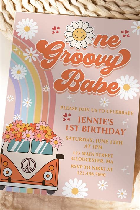 One Groovy Babe Retro Rainbow St Birthday Invitation Zazzle In St Birthday