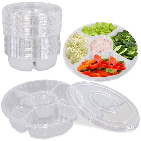 [100 Pack] 10 Inch Round Plastic Appetizer Tray with Lid - 5 Compartment Container,Food Serving ...