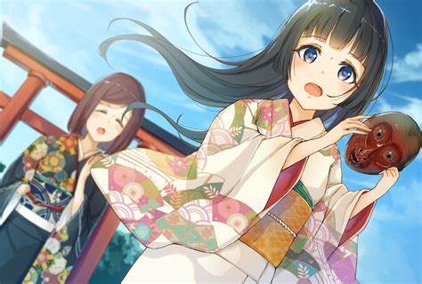 1456x984 Anime Kimono Anime Girls Mask Original Characters Wallpaper