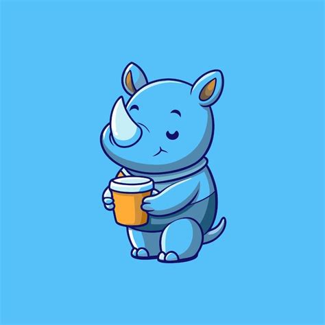Cute Rhino Sleeping Holding Coffee Cartoon Illustration Premium Ai