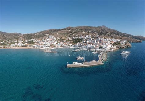 Andros Island Batsi Cyclades Greece Aerial Drone View Of Port Boat