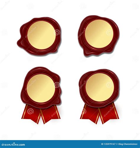 Blank Wax Seals With Golden Round Center And Red Ribbon Isolated On