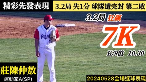 20240528莊陳仲敖運動家a先發逐球｜狂飆7k！精彩先發32局僅失1分隊友遭完封無奈吞下本季第二敗 Youtube