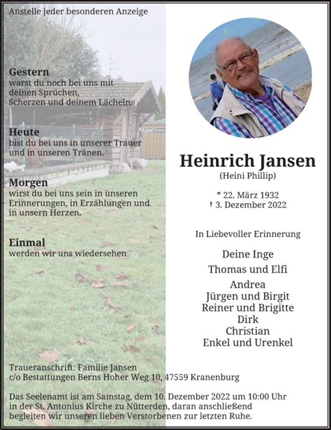 Alle Traueranzeigen F R Heinrich Jansen Trauer Rp Online De