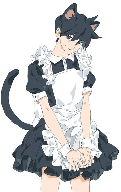 An Anime Character Dressed In Black And White With A Cat On Her Back