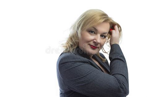 Thoughtful Positive Winsome Mature Confident Caucasian Woman In Grey