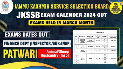 JKSSB Exam Calendar 2024 Finance Inspector Sub Inspector Patwari