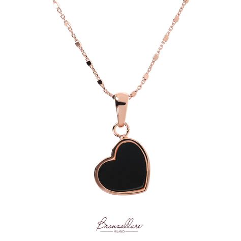 Collana Rosario In Bronzo Placcato Oro Rosa Con Cuore In Onice Nera