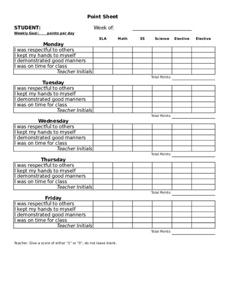 Behavior Point Sheet Template Fill Online Printable Fillable Blank