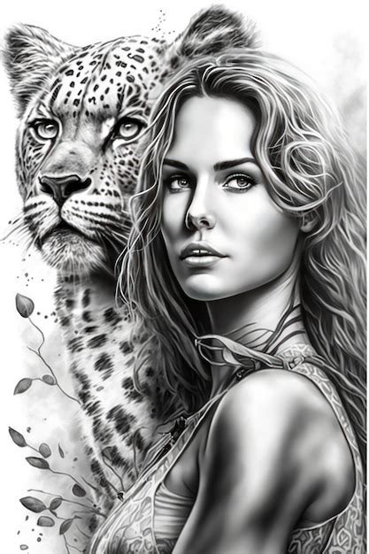 Dibujo Para Colorear Mujer Con Leopardo En Escala De Grises Foto Premium