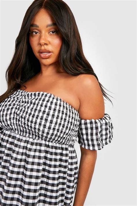 Dresses Plus Gingham Textured Bardot Tiered Maxi Dress Boohoo