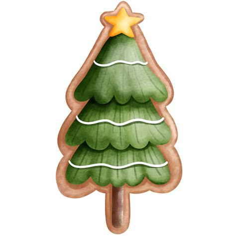 Watercolor Christmas Tree With Star Cookie Illustration Green