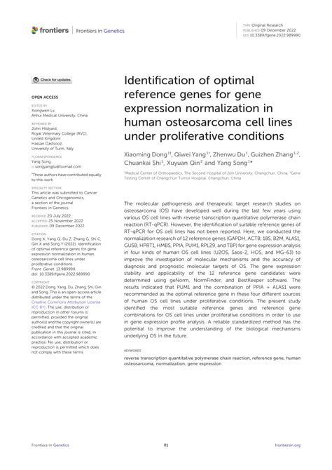 Pdf Identification Of Optimal Reference Genes For Gene Expression