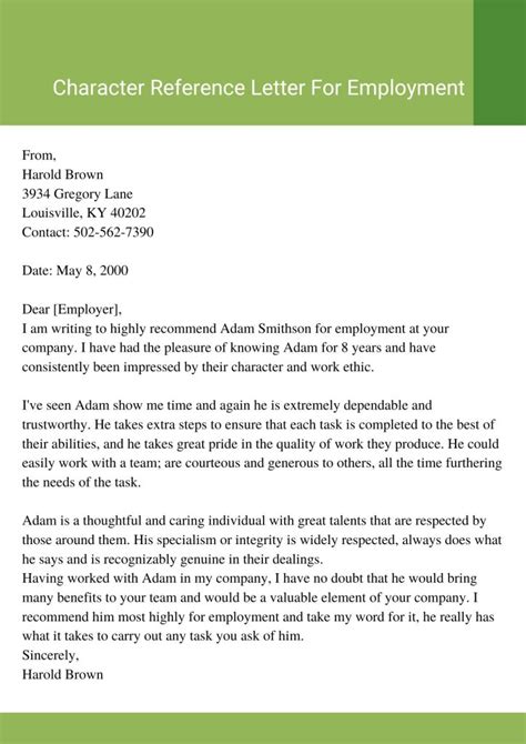 Character Reference Letter For Employment Sample Template