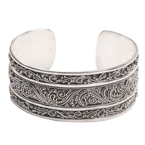 Intricate Sterling Silver Cuff Bracelet From Bali Temple Vine NOVICA