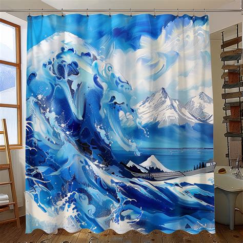 Blue Wave In Front Of Snow Mountain Oil Painting Bathroom Curtain A