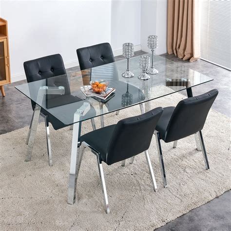 Ivy Bronx Rectangular Glass Dining Table Set With Black Chairs