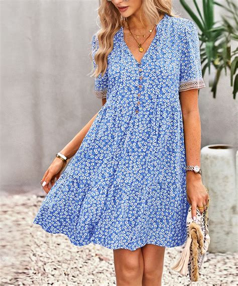 Blue And White Floral Lace Button Front A Line Dress Women Ruffled