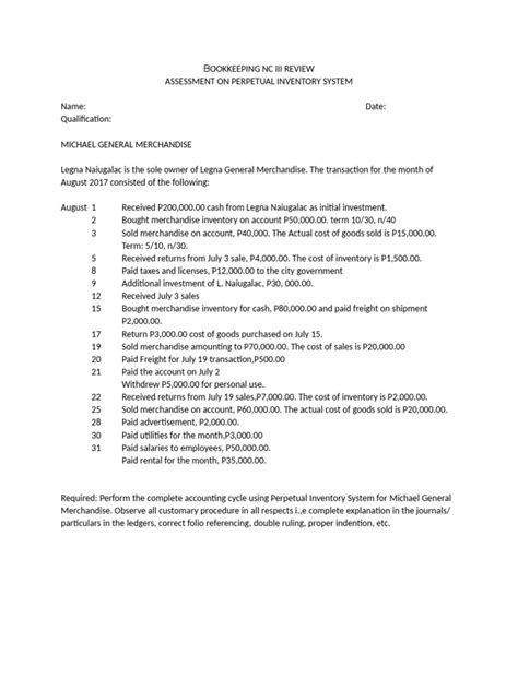 nc iii bookkeeping practice set  debits  credits business