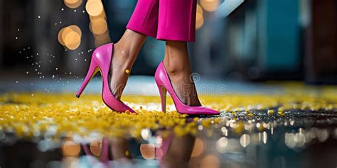 Elegant Pink Heels On A Glamorous Evening Walk Reflective City Lights And Golden Leaves Style