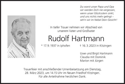 Rudolf Hartmann Traueranzeige Trauer Infranken De