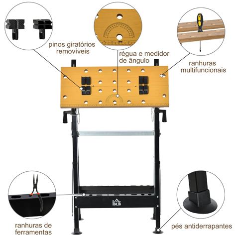 HOMCOM Bancada de trabalho ajustável em altura 4 pinos giratórios